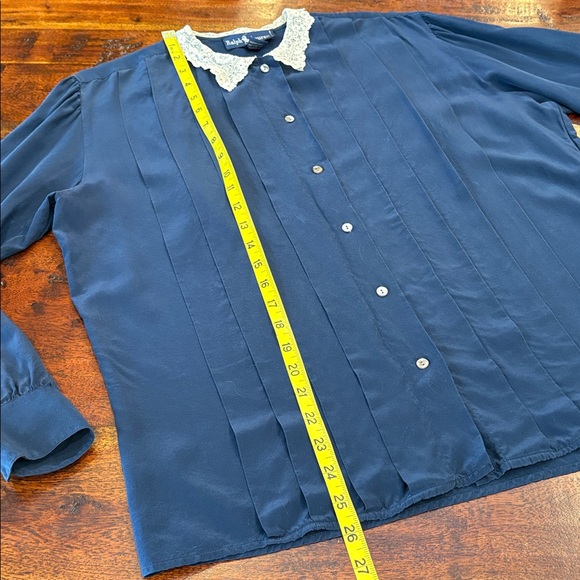Vintage Ralph Lauren Navy Pleated Button Down Shirt with Lace Collar - Picture 13 of 13